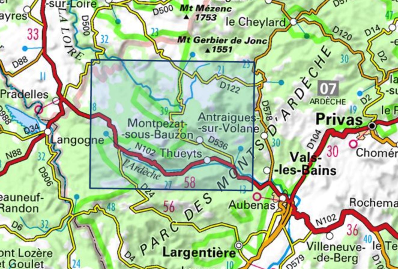 Carte TOP 25 n° 2837 OT - Lac d'Issarlès, Thueyts, Sources de la Loire | IGN carte de randonnée IGN