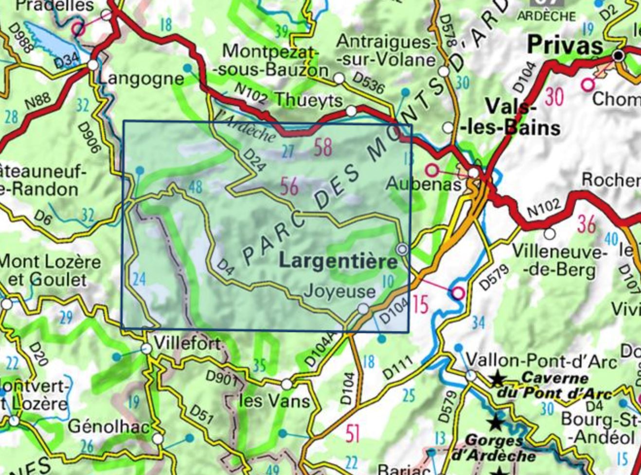 Carte TOP 25 n° 2838 OT - Largentière, La Bastide-Puylaurent, Vivarais Cévenol | IGN carte de randonnée IGN