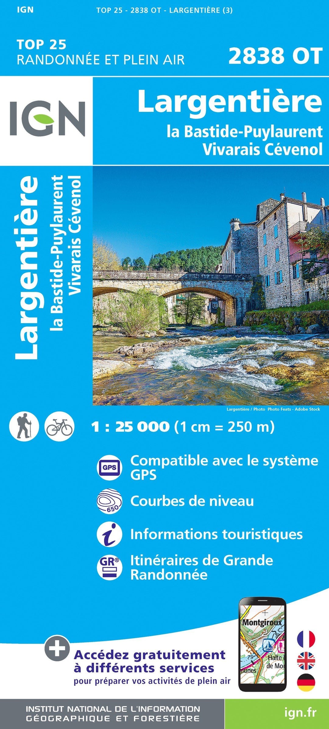 Carte TOP 25 n° 2838 OT - Largentière, La Bastide-Puylaurent, Vivarais Cévenol | IGN carte pliée IGN 