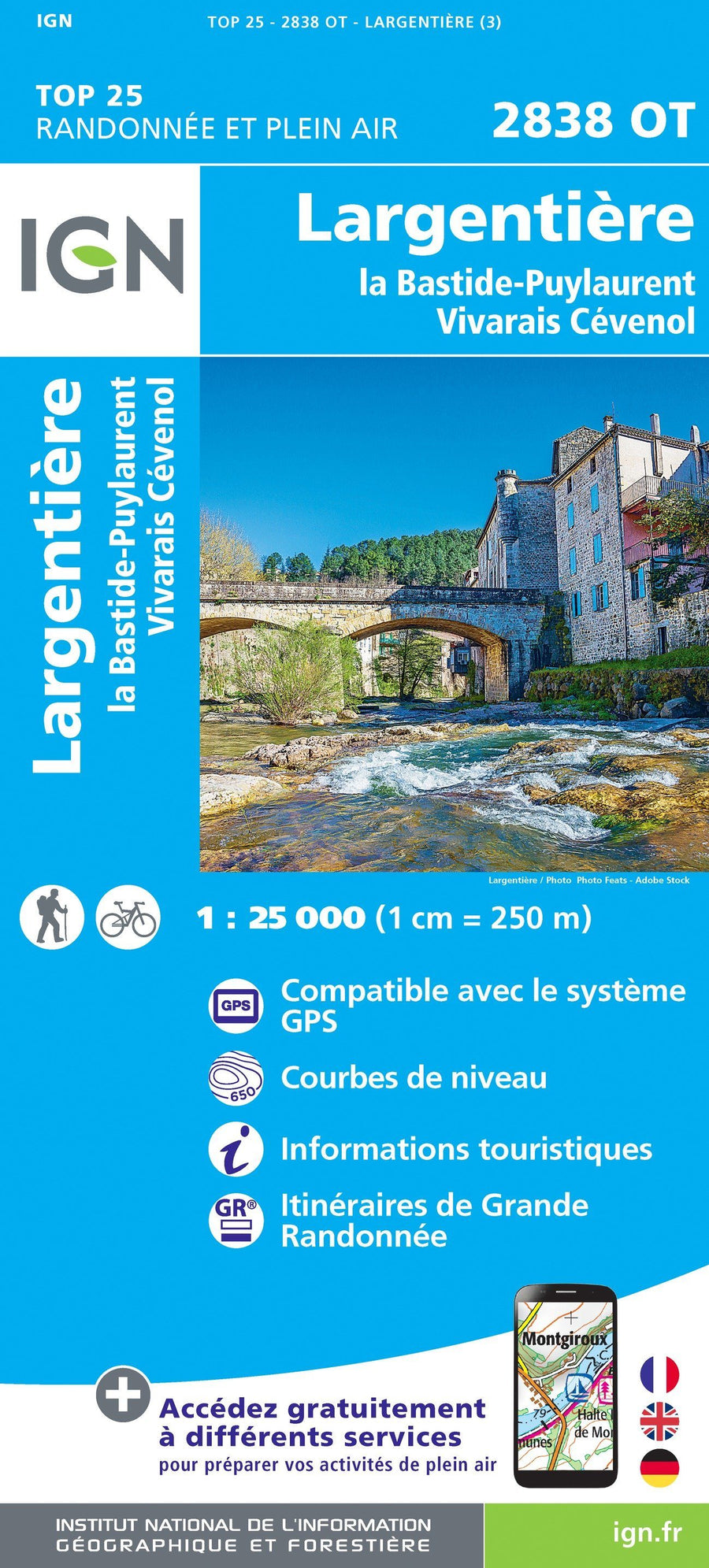 Carte TOP 25 n° 2838 OT - Largentière, La Bastide-Puylaurent, Vivarais Cévenol | IGN carte pliée IGN 