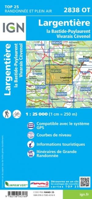 Carte TOP 25 n° 2838 OT - Largentière, La Bastide-Puylaurent, Vivarais Cévenol | IGN carte de randonnée IGN