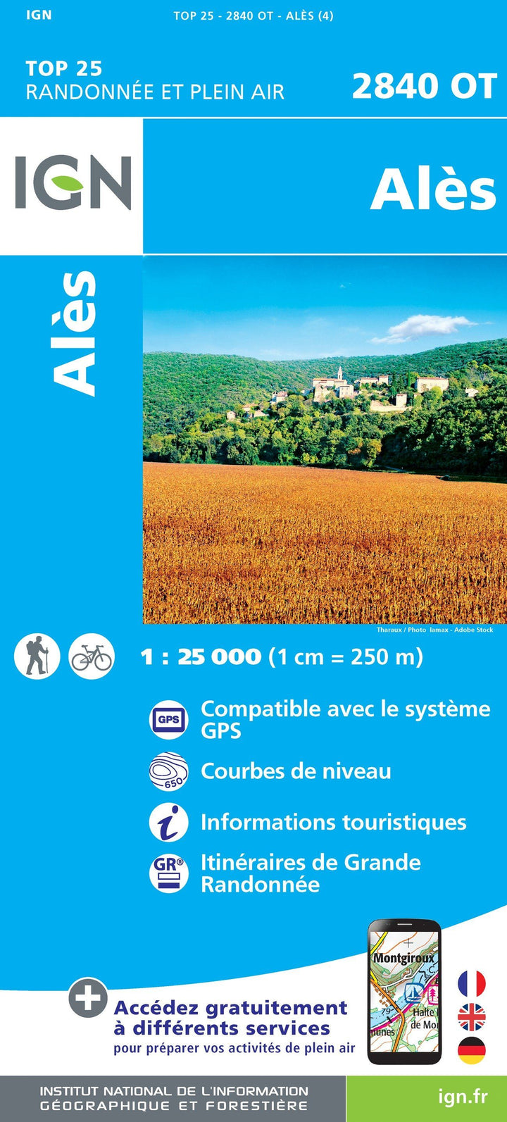Carte TOP 25 n° 2840 OT - Alès | IGN carte pliée IGN 