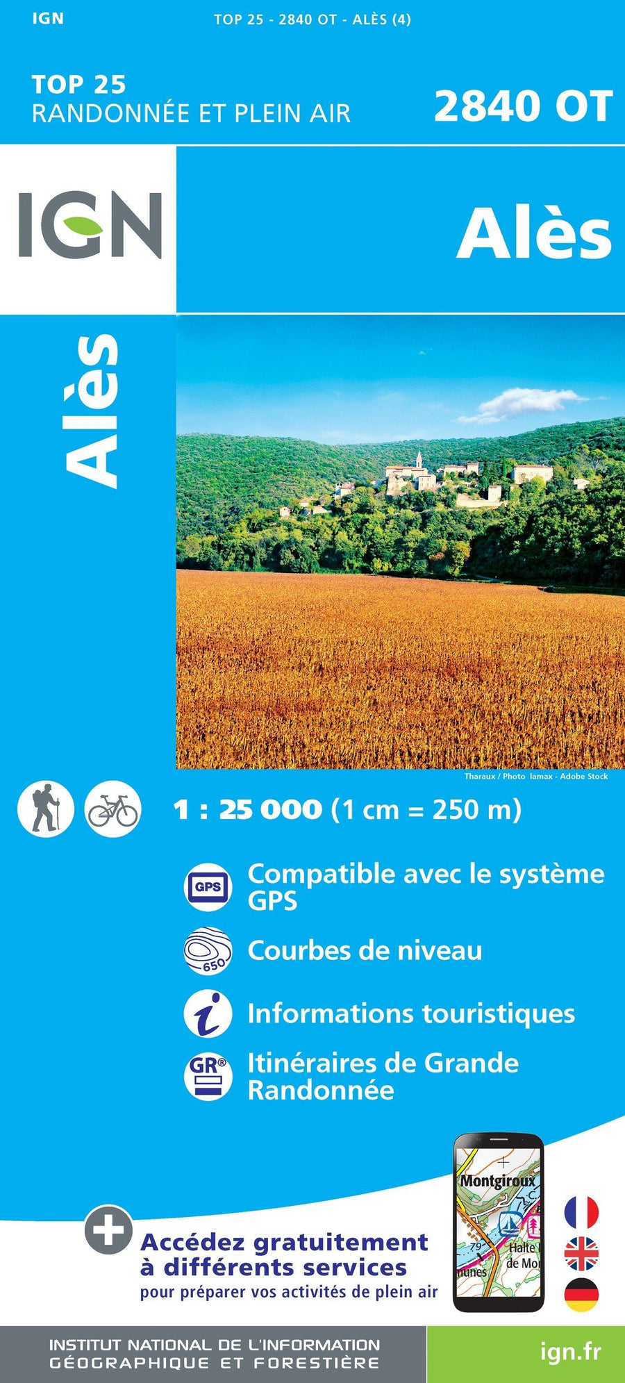 Carte TOP 25 n° 2840 OT - Alès | IGN carte pliée IGN 