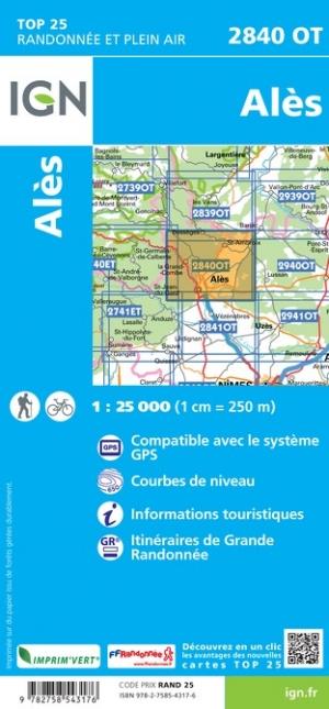 Carte TOP 25 n° 2840 OT - Alès | IGN carte de randonnée IGN