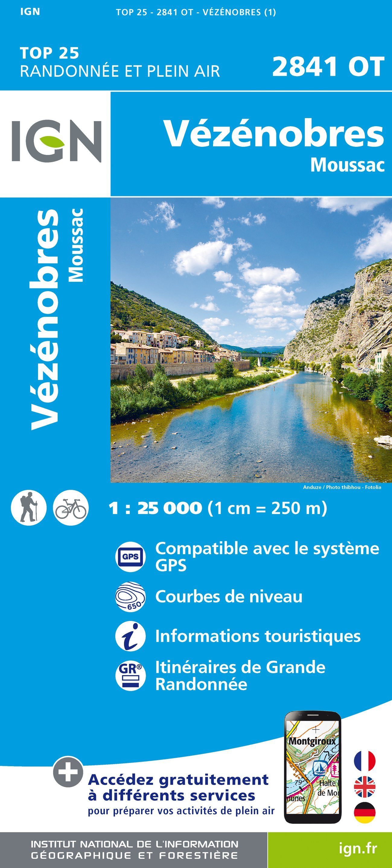 Carte TOP 25 n° 2841 OT- Vézénobres, Moussac | IGN carte de randonnée IGN