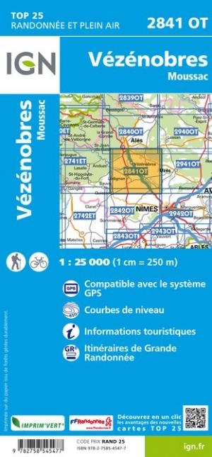 Carte TOP 25 n° 2841 OT- Vézénobres, Moussac | IGN carte de randonnée IGN