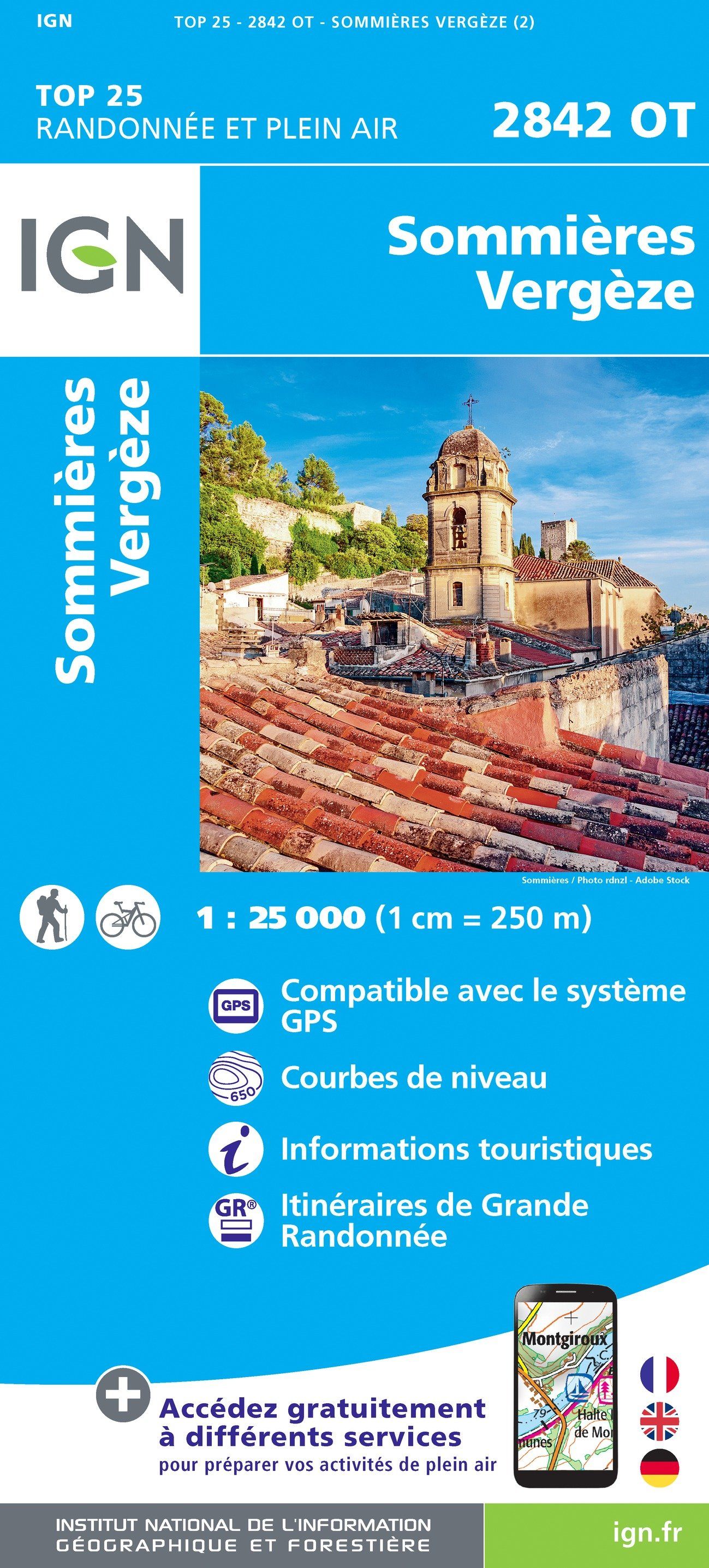 Carte TOP 25 n° 2842 OT - Sommières, Vergèze | IGN carte de randonnée IGN