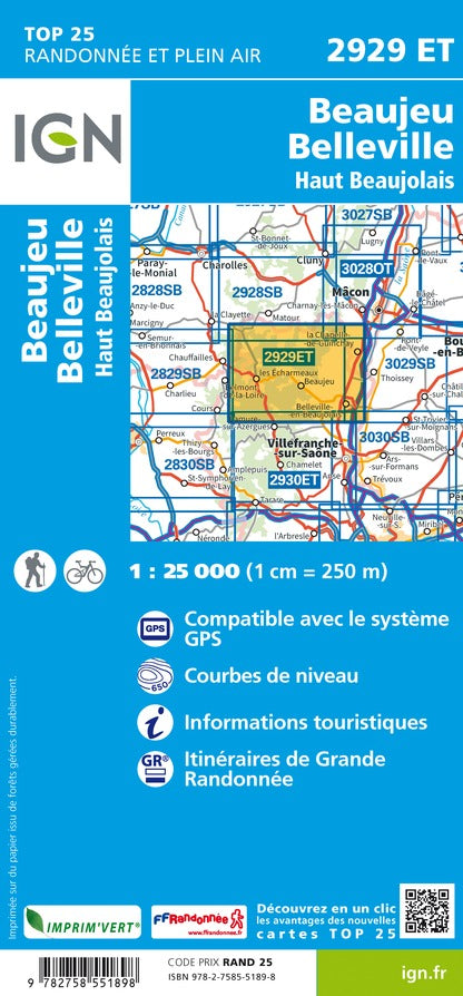 Carte TOP 25 n° 2929 ET- Beaujeu, Belleville, Haut Beaujolais | IGN carte de randonnée IGN