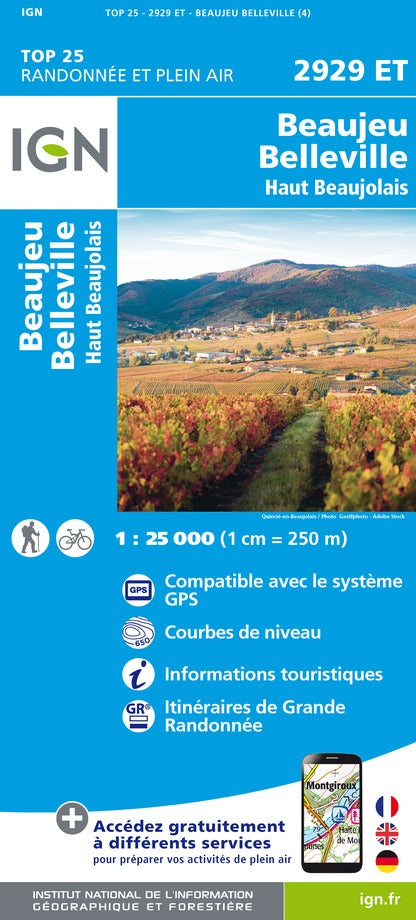Carte TOP 25 n° 2929 ET- Beaujeu, Belleville, Haut Beaujolais | IGN carte pliée IGN 