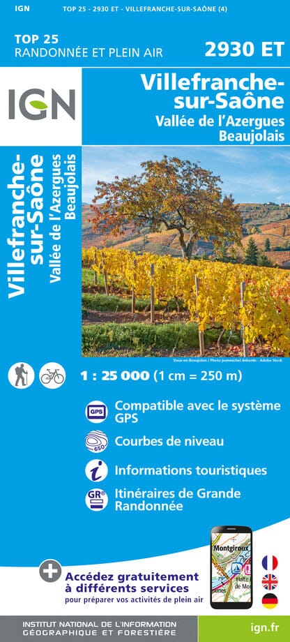 Carte TOP 25 n° 2930 ET - Villefranche-sur-Saône, Vallée de l'Azergues, Beaujolais | IGN carte de randonnée IGN