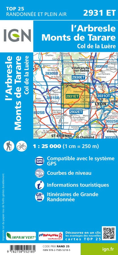 Carte TOP 25 n° 2931 ET - L'Arbresle, Monts de Tarare, Col de la Luère | IGN carte pliée IGN 