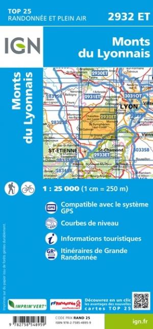Carte TOP 25 n° 2932 ET - Monts du Lyonnais | IGN carte de randonnée IGN
