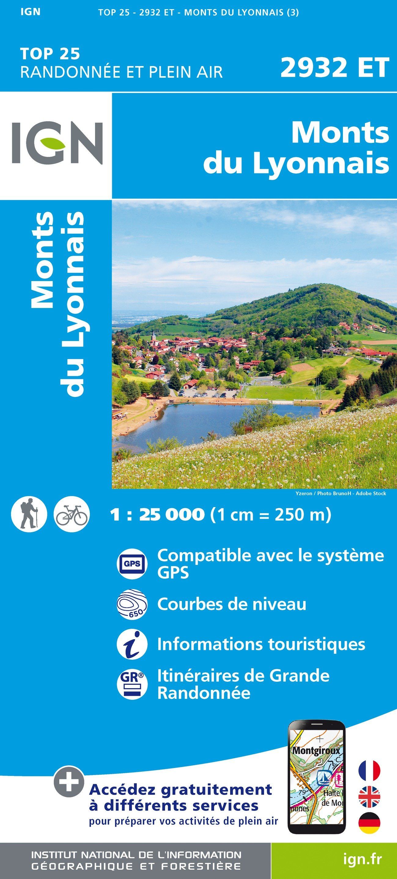 Carte TOP 25 n° 2932 ET - Monts du Lyonnais | IGN carte de randonnée IGN