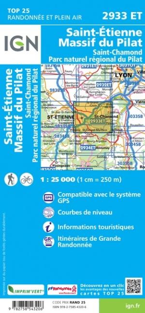 Carte TOP 25 n° 2933 ET - Massif du Pilat, St-Etienne, St-Chamond, PNR du Pilat | IGN carte de randonnée IGN