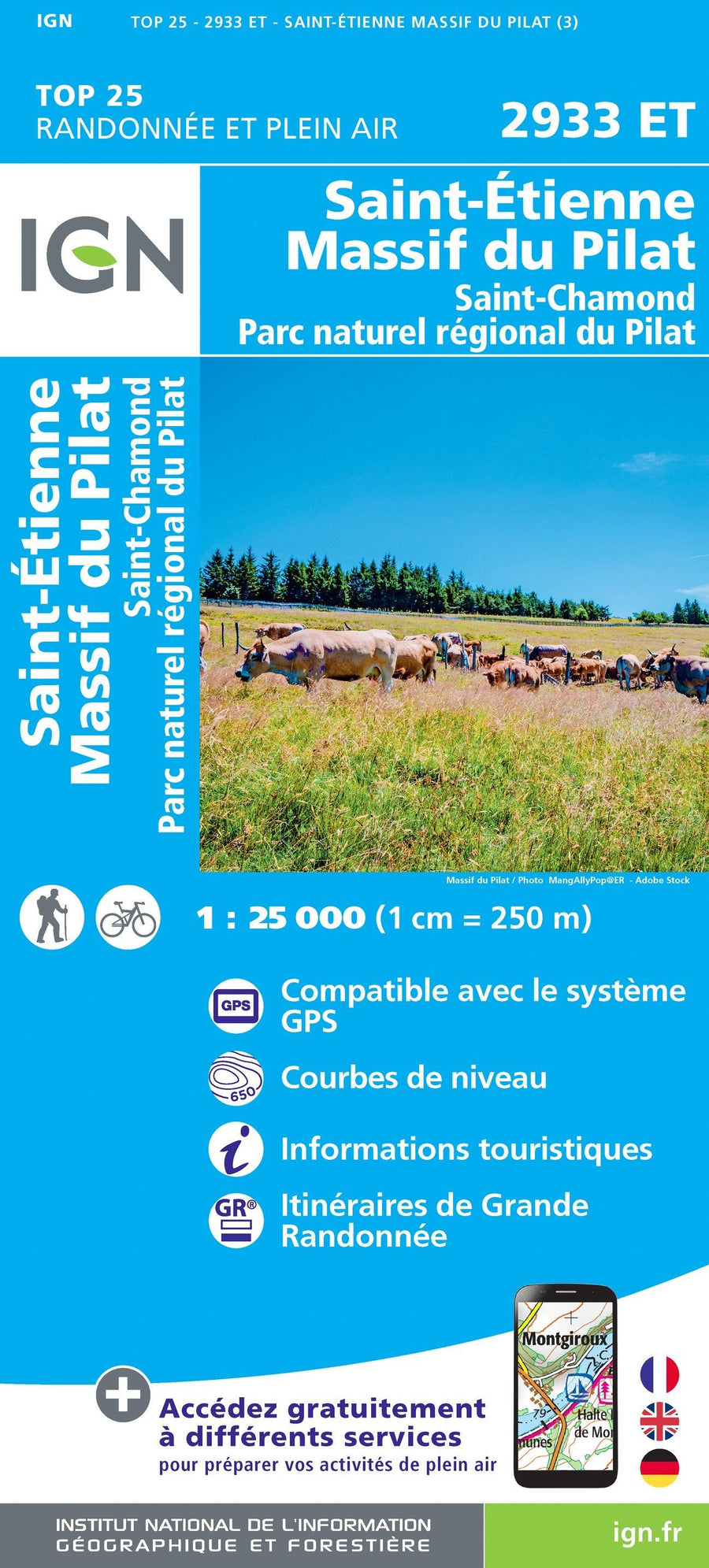 Carte TOP 25 n° 2933 ET - Massif du Pilat, St-Etienne, St-Chamond, PNR du Pilat | IGN carte pliée IGN 