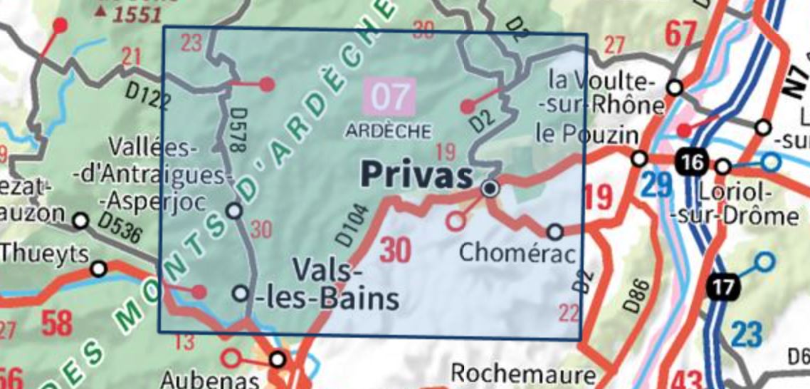 Carte TOP 25 n° 2937 OT - Privas, Vals-les-Bains, PNR des Monts d'Ardèche | IGN carte de randonnée IGN