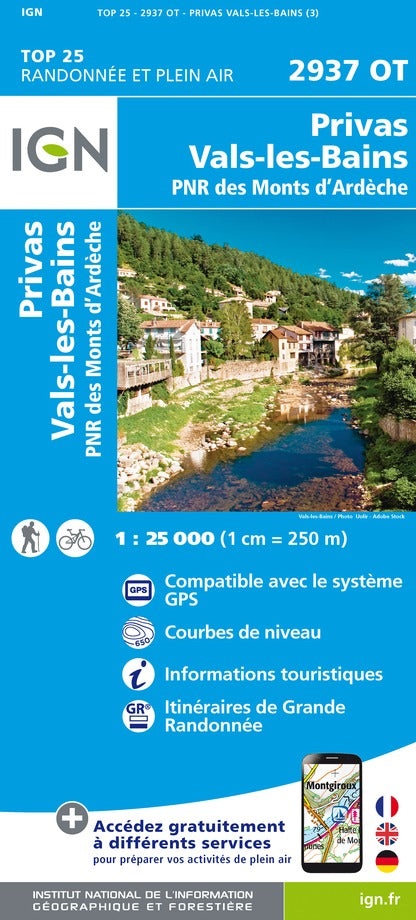 Carte TOP 25 n° 2937 OT - Privas, Vals-les-Bains, PNR des Monts d'Ardèche | IGN carte de randonnée IGN