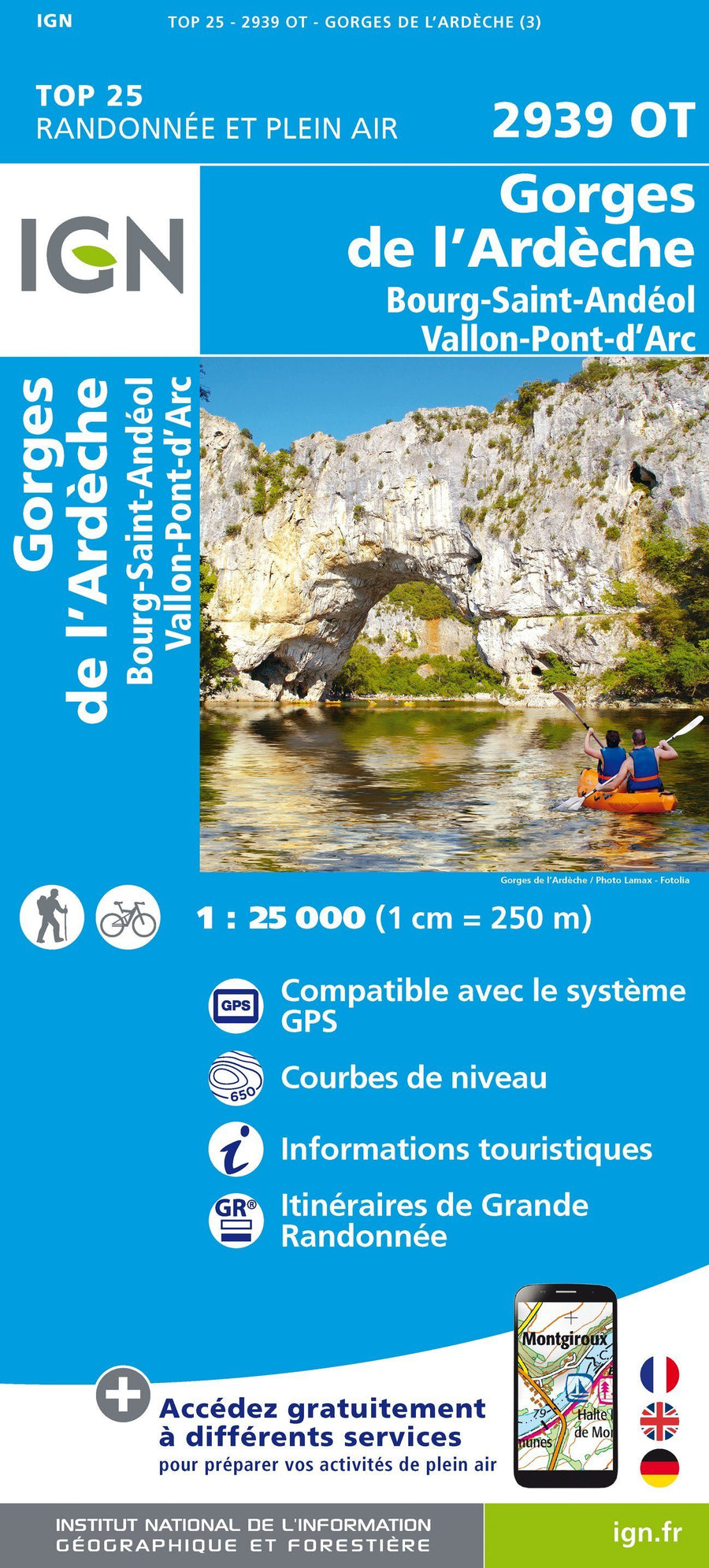 Carte TOP 25 n° 2939 OT - Gorges de l'Ardèche, Bourg-St-Andéol | IGN carte pliée IGN 