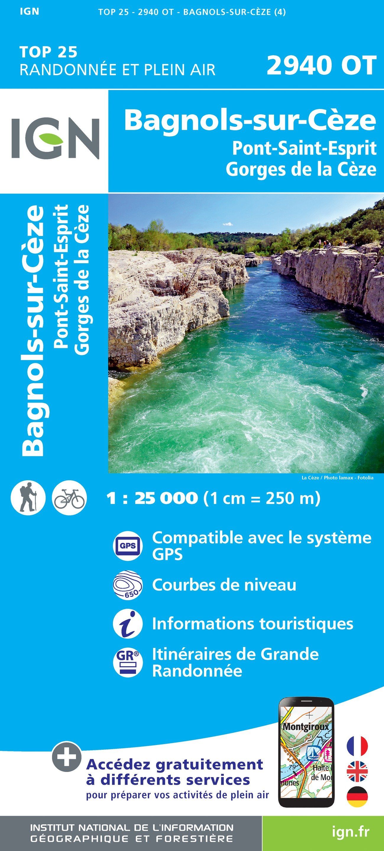 Carte TOP 25 n° 2940 OT - Bagnols-sur-Cèze, Pont-St-Esprit, Gorges de la Cèze | IGN carte de randonnée IGN