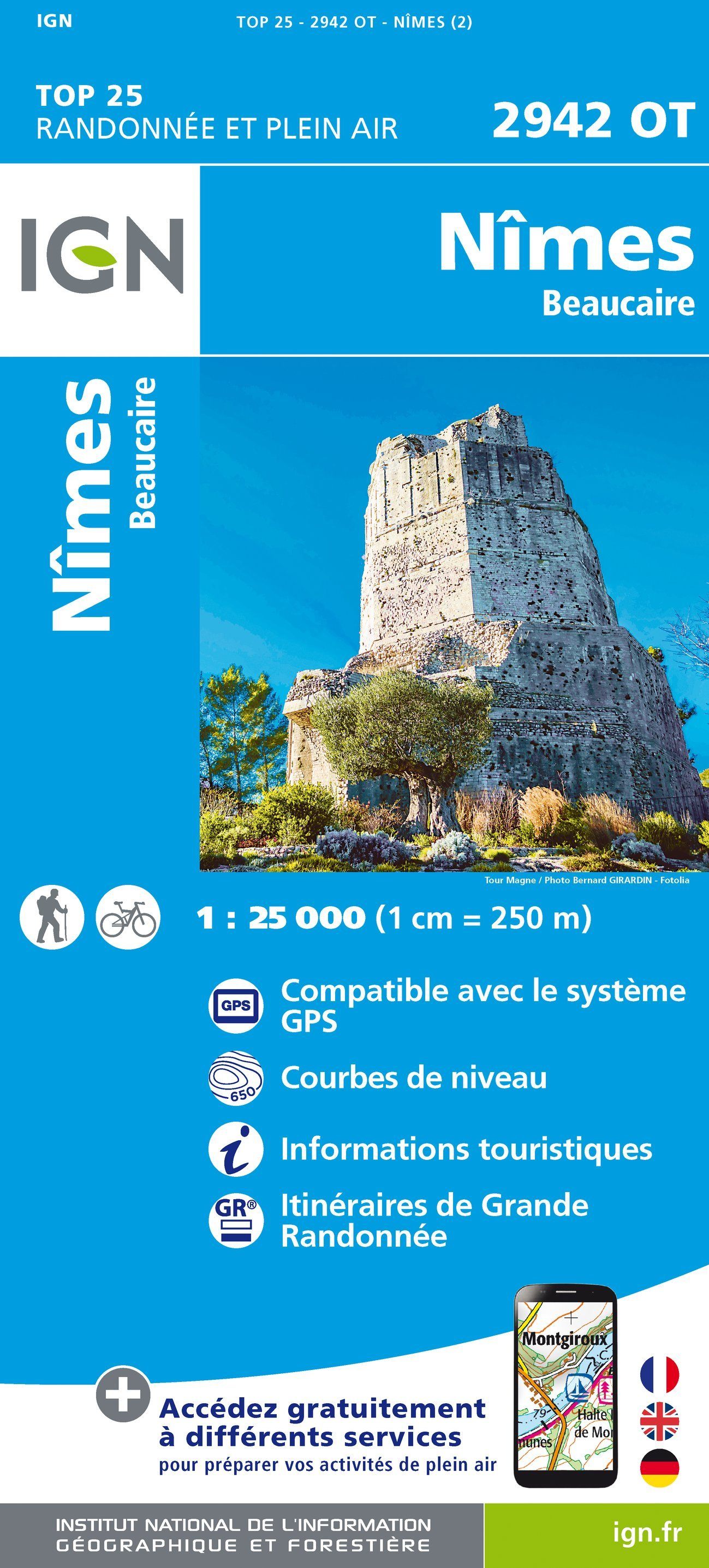 Carte TOP 25 n° 2942 OT - Nîmes, Beaucaire | IGN carte de randonnée IGN