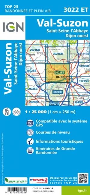 Carte TOP 25 n° 3022 ET - Val-Suzon, Saint-Seine-l'Abbaye, Dijon Ouest | IGN carte de randonnée IGN