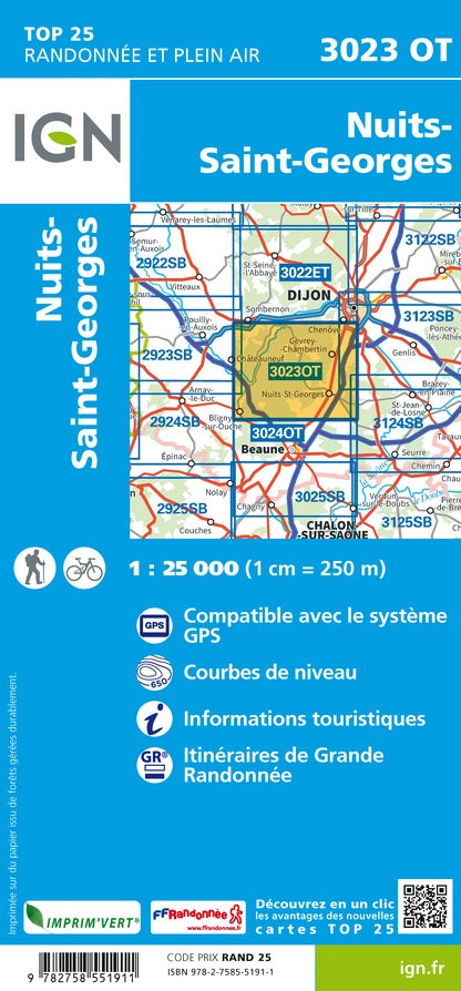 Carte TOP 25 n° 3023 OT - Nuits-Saint-Georges | IGN carte de randonnée IGN