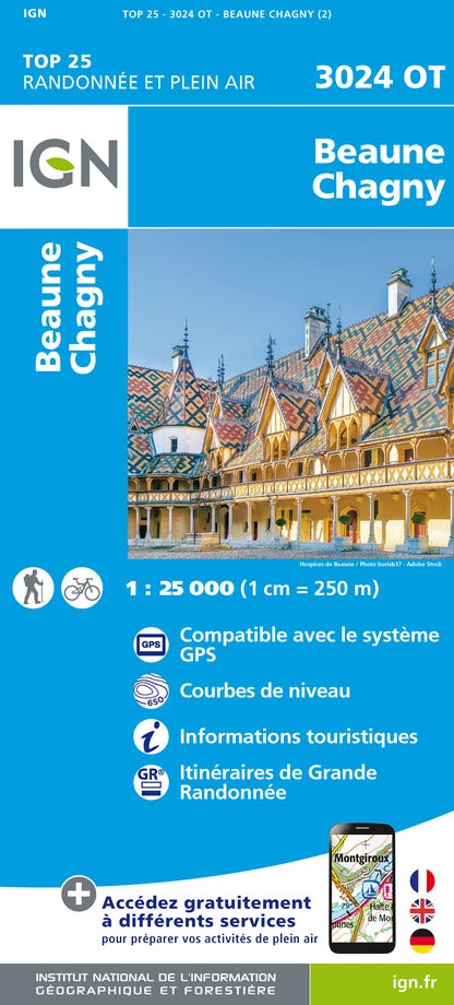 Carte TOP 25 n° 3024 OT - Beaune, Chagny | IGN carte de randonnée IGN