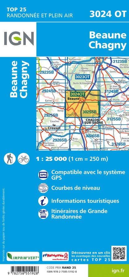 Carte TOP 25 n° 3024 OT - Beaune, Chagny | IGN carte de randonnée IGN