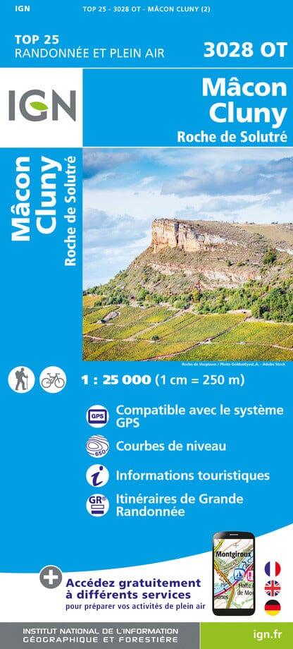 Carte TOP 25 n° 3028 OT - Mâcon, Cluny, Roche de Solutre | IGN carte de randonnée IGN