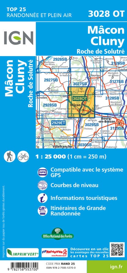 Carte TOP 25 n° 3028 OT - Mâcon, Cluny, Roche de Solutre | IGN carte de randonnée IGN