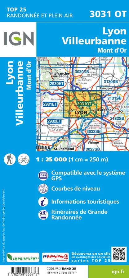 Carte TOP 25 n° 3031 OT - Lyon, Villeurbanne, Mont d'Or | IGN carte pliée IGN 
