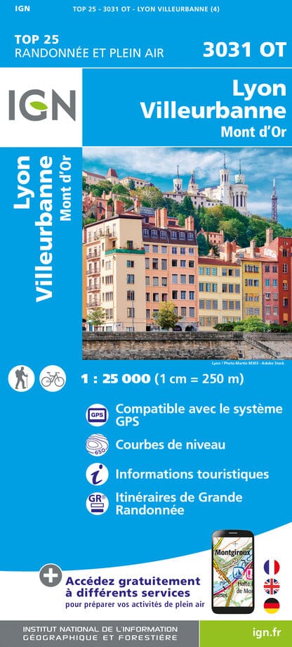Carte TOP 25 n° 3031 OT - Lyon, Villeurbanne, Mont d'Or | IGN carte pliée IGN 