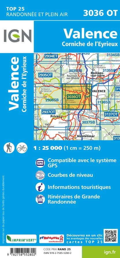 Carte TOP 25 n° 3036 OT - Valence, Corniche de l'Eyrieux | IGN carte de randonnée IGN