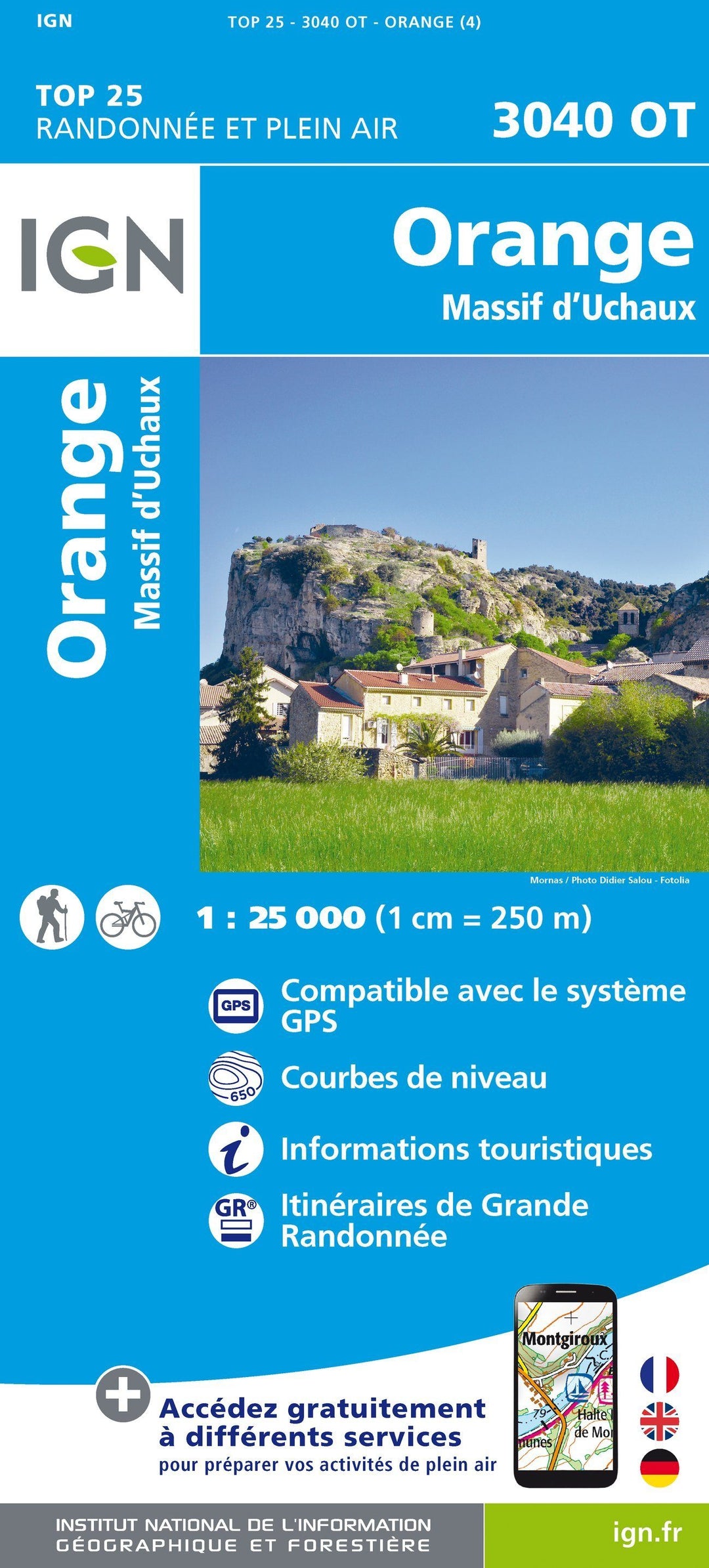 Carte TOP 25 n° 3040 OT- Orange, Massif d'Uchaux | IGN carte pliée IGN 