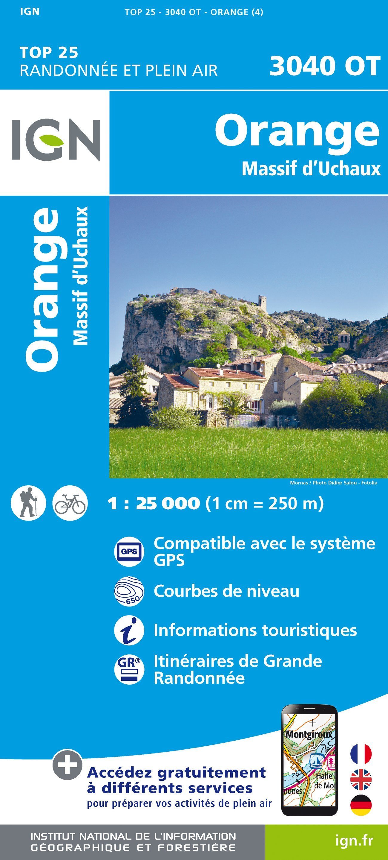 Carte TOP 25 n° 3040 OT- Orange, Massif d'Uchaux | IGN carte de randonnée IGN