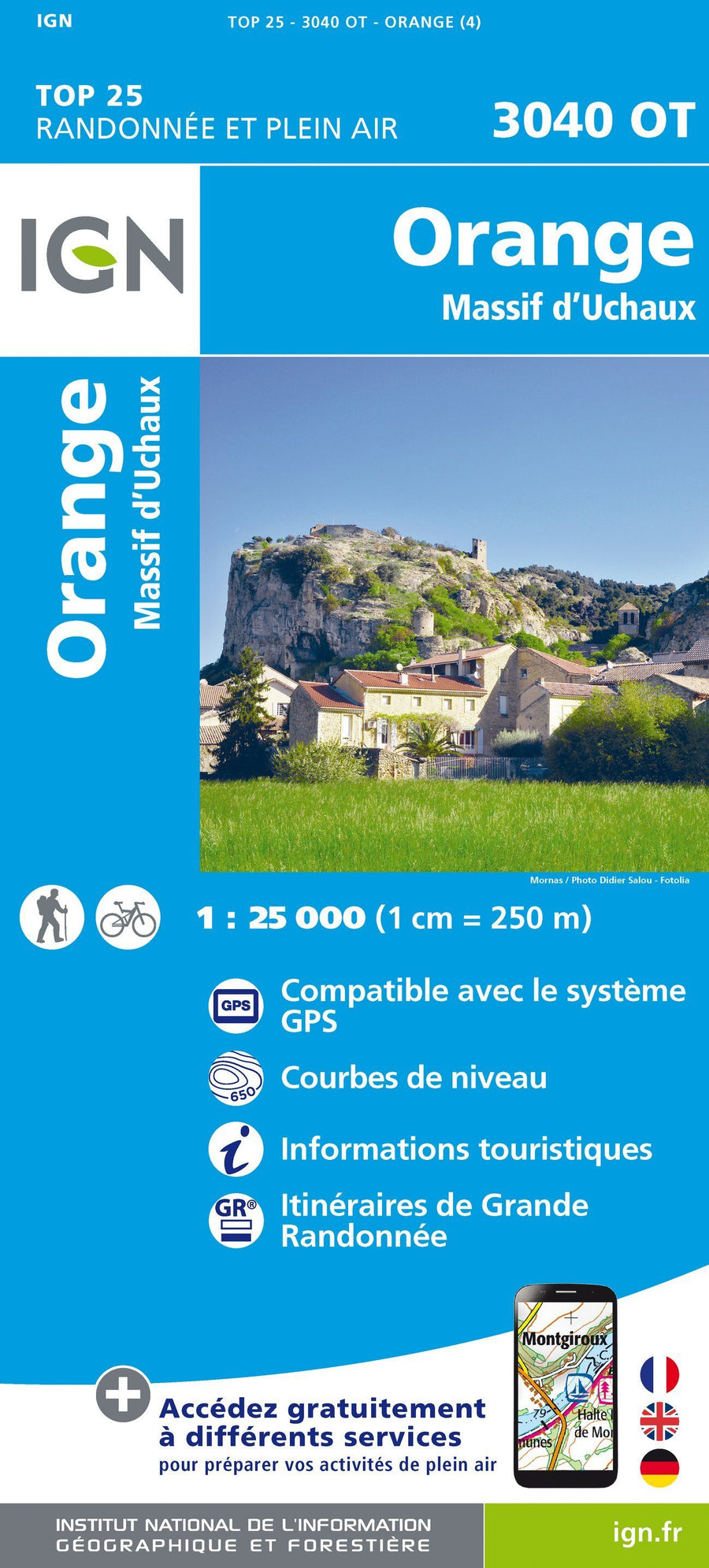 Carte TOP 25 n° 3040 OT- Orange, Massif d'Uchaux | IGN carte pliée IGN 