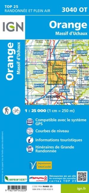 Carte TOP 25 n° 3040 OT- Orange, Massif d'Uchaux | IGN carte de randonnée IGN