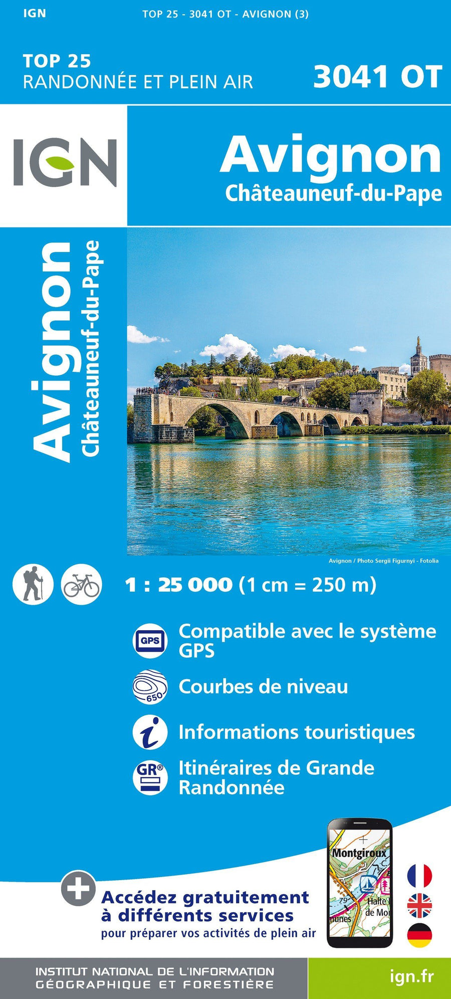 Carte TOP 25 n° 3041 OT - Avignon, Châteauneuf-du-Pape | IGN carte pliée IGN 