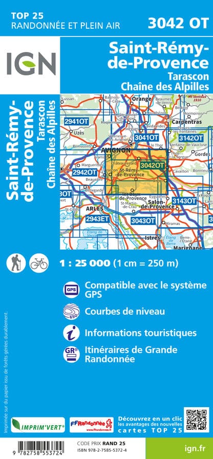 Carte TOP 25 n° 3042 OT - Tarascon, St-Rémy-de-Provence, Chaîne des Alpilles | IGN carte pliée IGN 