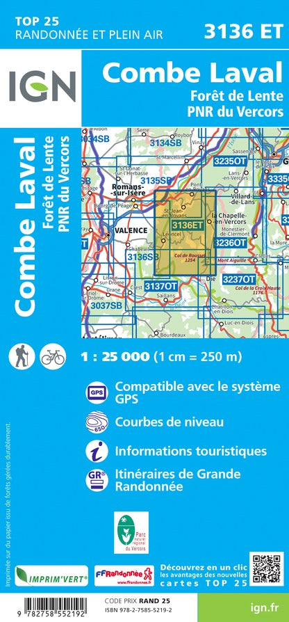 Carte TOP 25 n° 3136 ET - Combe Laval & forêt de Lente (PNR du Vercors) | IGN carte de randonnée IGN