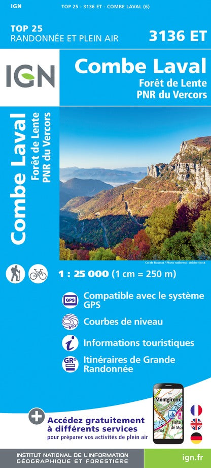 Carte TOP 25 n° 3136 ET - Combe Laval & forêt de Lente (PNR du Vercors) | IGN carte pliée IGN 