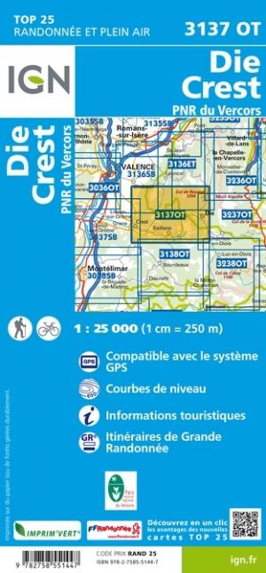 Carte TOP 25 n° 3137 OT - Die, Crest & PNR du Vercors (Alpes) | IGN carte de randonnée IGN