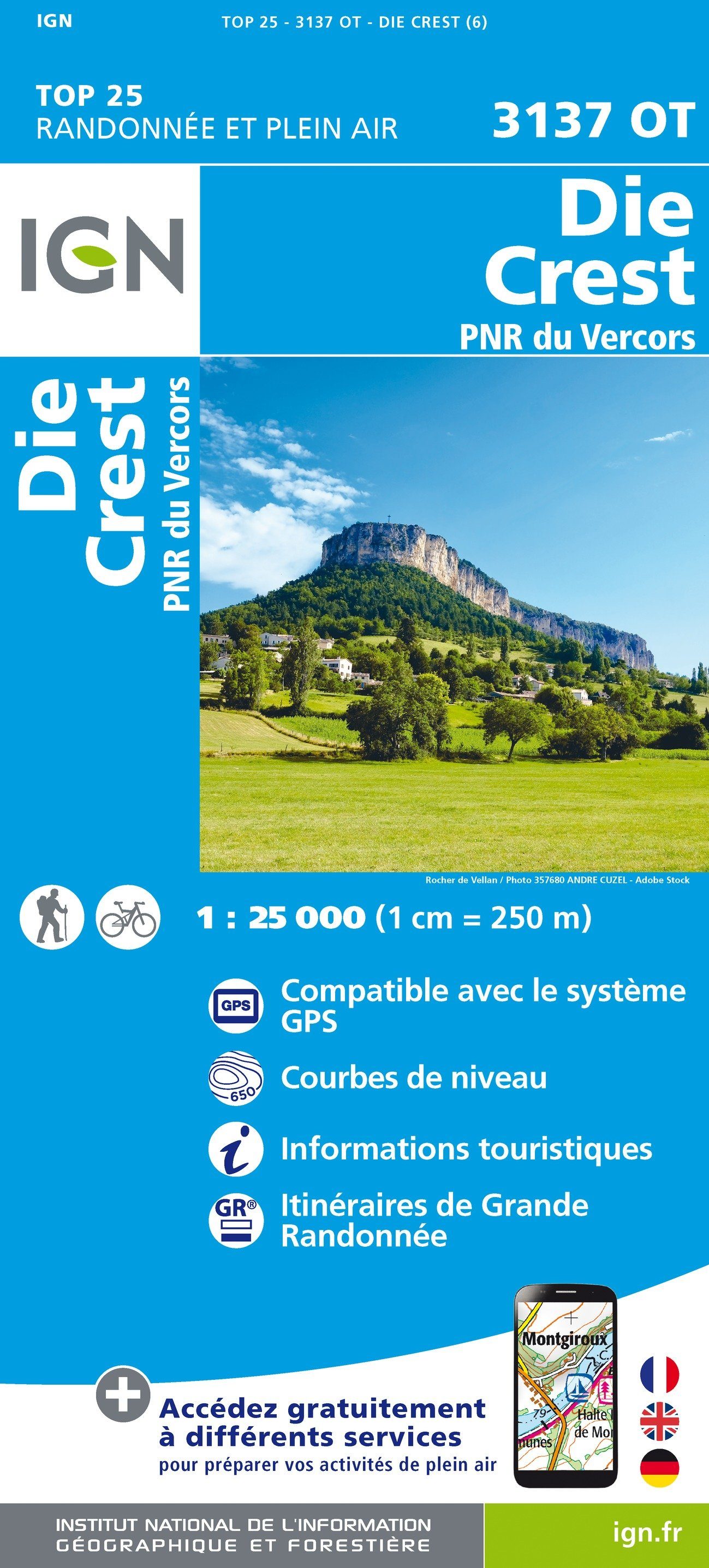 Carte TOP 25 n° 3137 OT - Die, Crest & PNR du Vercors (Alpes) | IGN carte de randonnée IGN