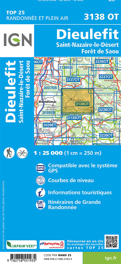 Carte TOP 25 n° 3138 OT - Dieulefit, Saint-Nazaire-le-Désert & forêt de Saou (Drôme) | IGN carte de randonnée IGN