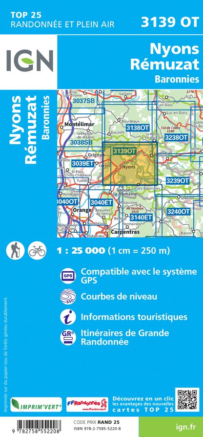 Carte TOP 25 n° 3139 OT - Nyons, Rémuzat & Baronnies | IGN carte de randonnée IGN