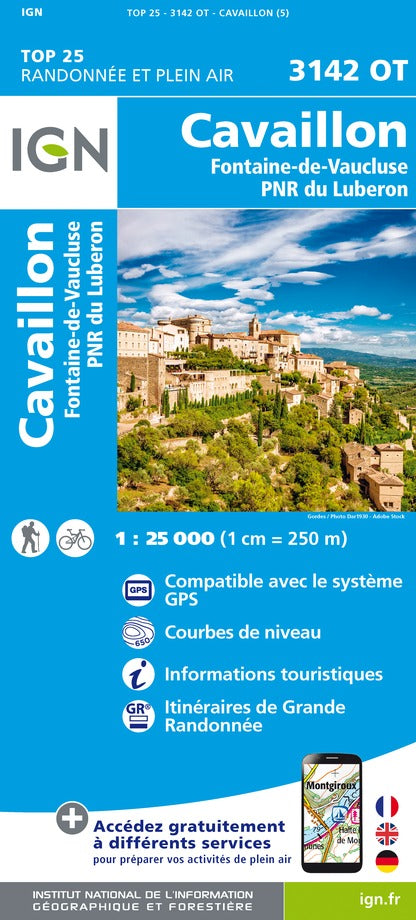 Carte TOP 25 n° 3142 OT - Cavaillon, Fontaine-de-Vaucluse (PNR du Luberon) | IGN carte de randonnée IGN