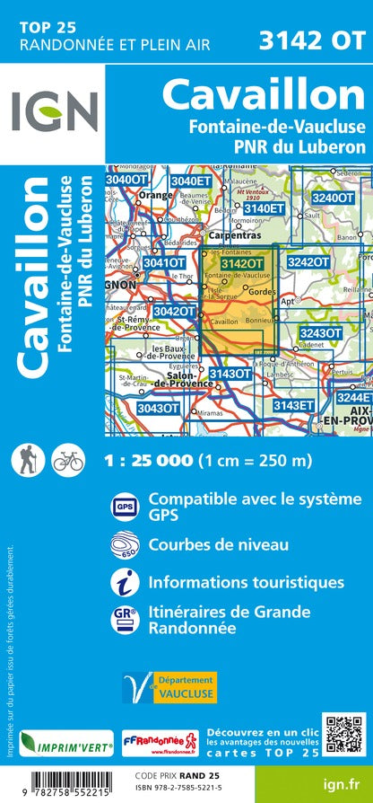 Carte TOP 25 n° 3142 OT - Cavaillon, Fontaine-de-Vaucluse (PNR du Luberon) | IGN carte de randonnée IGN