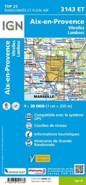 Carte TOP 25 n° 3143 ET - Aix en Provence, Vitrolles, Lambesc | IGN carte de randonnée IGN