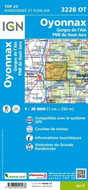 Carte TOP 25 n° 3228 OT - Oyonnax, Gorges de l'Ain, PNR du Haut-Jura | IGN carte pliée IGN 