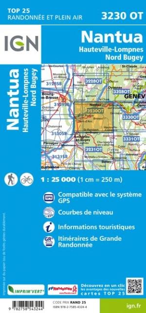Carte TOP 25 n° 3230 OT - Nantua, Hauteville-Lompnes, Nord Bugey | IGN carte de randonnée IGN